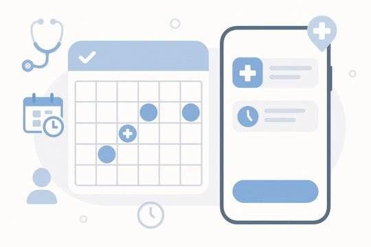 Digital healthcare scheduling application displaying medical icons such as stethoscope calendar and notification features illustrating technology in health management