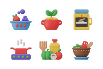 Collection of 3d cartoon food and cooking icons on black background isolated on transparent background