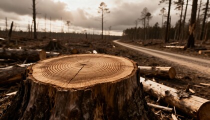 tree stump in deforested forest with cleared land and dark sky, highlighting environmental destruction