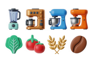 Cute 3d kitchen appliances and food icons on isolated background isolated on transparent background