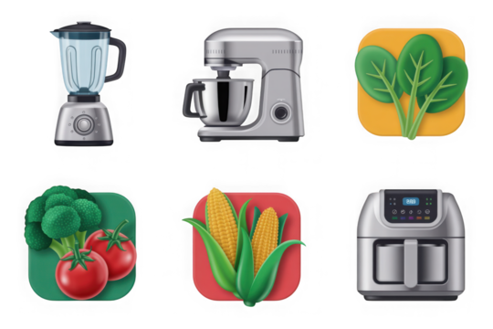 Kitchen appliances and fresh produce icons on black background. isolated on transparent background