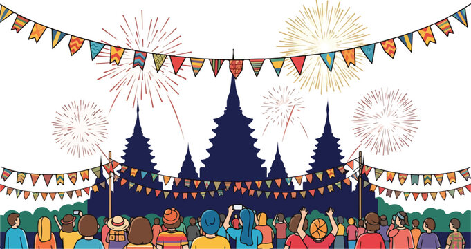 People celebrating a festival with fireworks and traditional buildings.