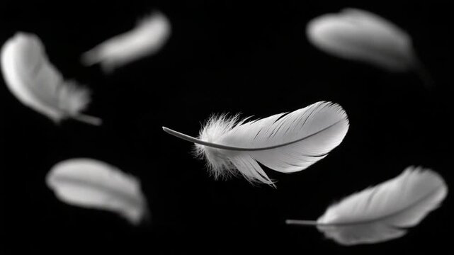 Several soft white feathers float against a deep black backdrop, some in focus, others blurred