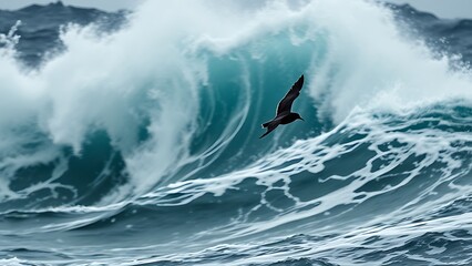 titanic. A storm petrel diving against towering waves in a stormy sea. wildlife magazines, conservation campaigns, designed for wildlife conservation campaigns, used by curriculum designers.