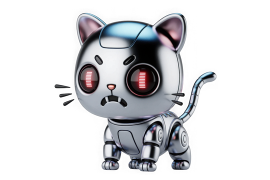 Cute metallic robot cat with glowing red eyes and expressive face isolated on transparent background