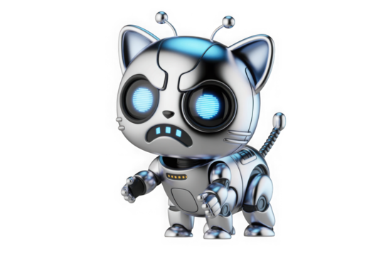 Cute robot cat with blue eyes and metallic body, looking unhappy isolated on transparent background