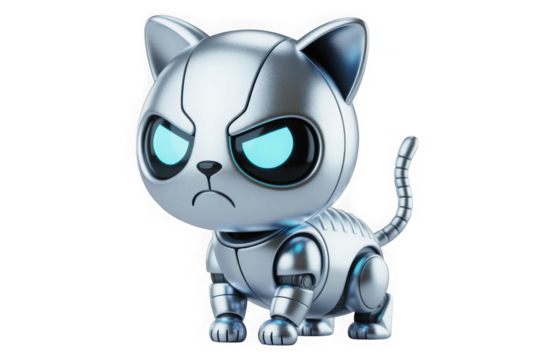 Cute robot cat with glowing blue eyes and metallic silver body isolated on transparent background