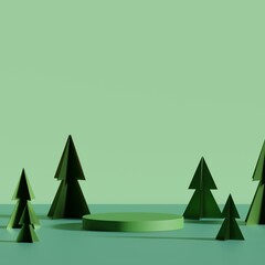 Monochrome green forest product display podium with geometric pine trees. 3D rendering