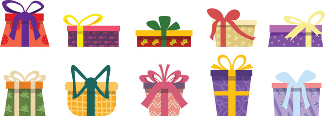 Set of colorful festive pattern gift boxes with ribbon and bow on flat design isolated on white background