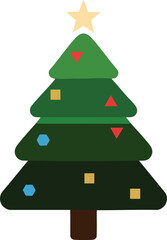 Obraz premium Simple illustration of a green christmas tree decorated with colorful geometric ornaments and a yellow star on top, isolated on white background