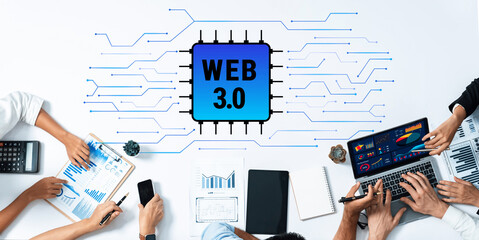 A diverse group of professionals collaborates on data analysis related to Web 3.0 technology, utilizing modern devices in an organized workspace. Trope
