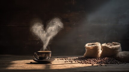 Coffee Cup Heart Shaped Steam with Coffee Beans and Sacks on Wooden Table Dark Background