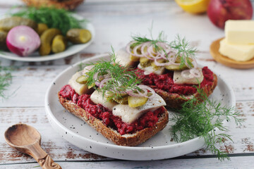 Scandinavian sandwiches with herring and beetroot	