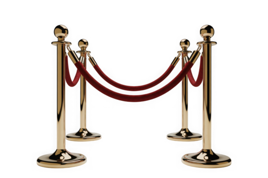 Polished stanchions with red velvet ropes, isolated on black isolated on transparent background
