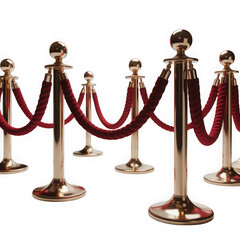Golden stanchions with red velvet ropes for vip access and events isolated on transparent background