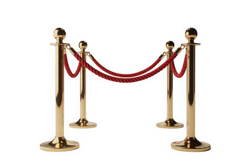 Golden stanchions with red rope barrier on black background isolated on transparent background