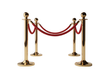 Golden stanchions with red rope barrier on black background isolated on transparent background
