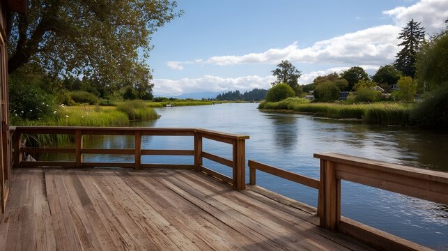Wooden deck overlooking a serene river flowing through a lush natural landscape on a bright clear day