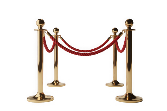 Golden stanchions with red rope barrier on black background isolated on transparent background