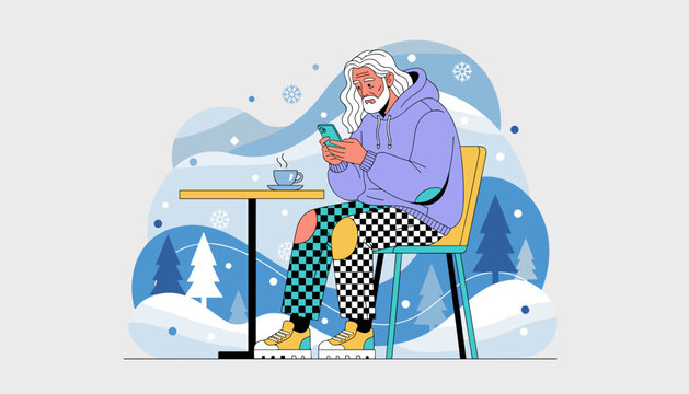 Stylish senior man texting on smartphone outdoors in a snowy modern cafe setting