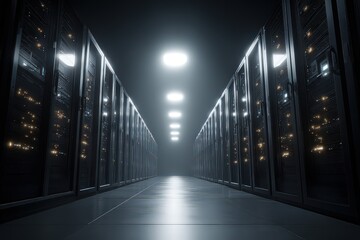 Dark Server Room Interior with Metallic Racks and Glowing Lights