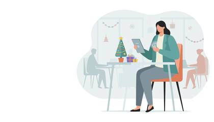Businesswoman using digital devices in a festive holiday office or cafe setting