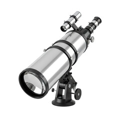 Telescope Mounted on Equatorial Mount Silver Metal Barrel with Finder Scope and Eyepiece on Black Background