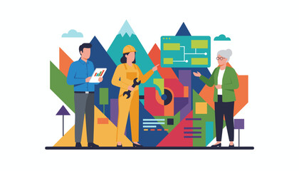 Diverse team analyzing a business workflow plan integrating engineering data and management expertise