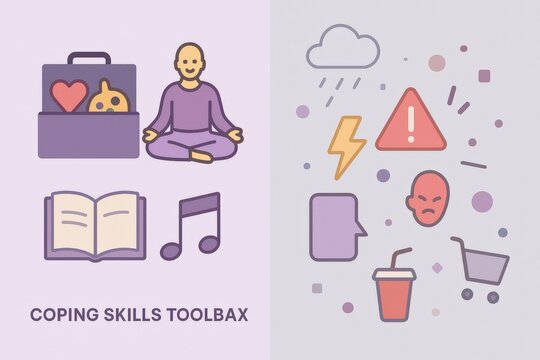 Innovative coping skills toolbox visualization illustrating practical strategies for managing emotions, stress relief, and mental well being through diverse methods like mindfulness and creative