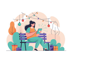 Woman shopping online with a tablet on a park bench decorated with festive lights and gifts