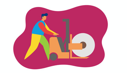 Man operating material handler moving an industrial roll Flat vector for logistics and industry