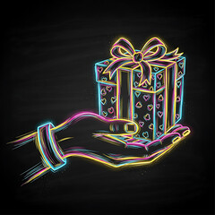 Colorful Chalk Gift Box Present On Dark Background, banner, background, promotion, advertising, template, invitation, editable, icon, symbol.