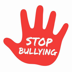 Fototapeta premium Red handprint with bold white Stop Bullying text on a clean white background. Strong anti-bullying message for awareness campaigns, education materials, and social activism designs