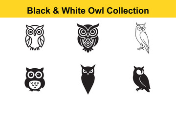 Black and White Owl Icon Collection – Minimalist Bird Symbol Set for Logos, Nature Art, Graphic Design, Vector Illustrations