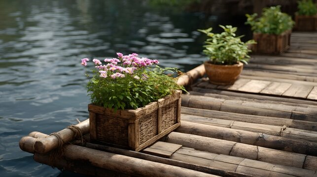 A rustic wooden raft with potted pink flowers floats peacefully on calm water - Powered by Adobe