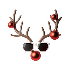 Cool reindeer antlers with sunglasses and christmas ornaments isolated on transparent background