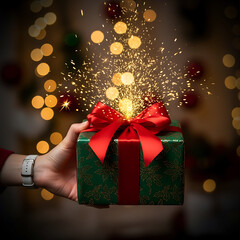 hand holding gift box with red ribbon with spark, green and red festive gift with glowing light and blur background.
