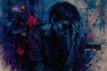 Emotional turmoil illustrated in deep navy blue and striking magenta showcasing expressionistic abstraction of vulnerability and internal struggle encapsulating profound human experience