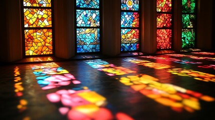 Colorful stained glass windows with light reflections.