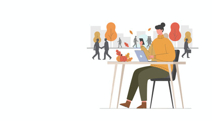 Working remotely in autumn Female freelancer uses laptop and smartphone in busy urban setting