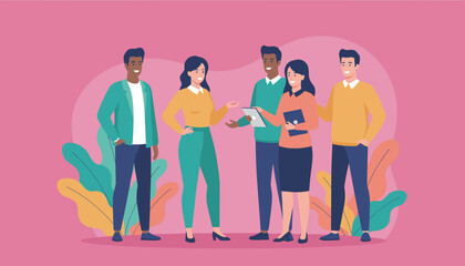 Obraz premium Diverse team collaboration communication and business planning in vibrant illustration style