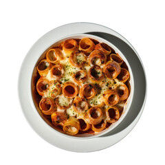 Top Down View Of A Round White Dish Filled With Baked Pasta Covered In Melted Cheese And Green Herbs Isolated On Black Background With Soft Lighting