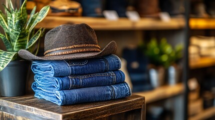 Cowboy hat jeans stack on wood table with retail shop.