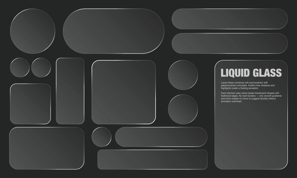 Gray Frosted Liquid Glass UI Kit Elements With Multiple Shapes On A Dark Background. A Modern UI/UX Design Featuring Bento Grid Style And Detailed Copy Space