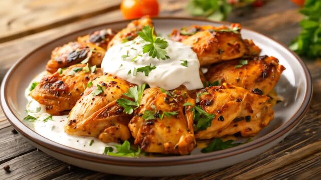 Grilled, seasoned chicken pieces served with a dollop of white sauce on a plate. Garnished with parsley