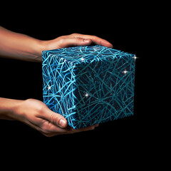 hands holding a gift box on black background, banner, advertising, promotion, invitation, web, poster, greeting, stock photo, retail