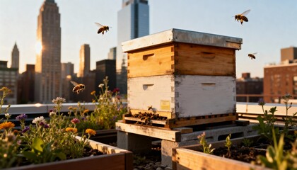Naklejka premium eco-friendly rooftop garden with beekeeping activity and bees buzzing over flowers in the city