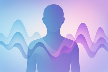 Abstract representation of a human silhouette harmonizing with dynamic sound waves in soothing blue and purple gradients conveying the essence of connection and mindful awareness