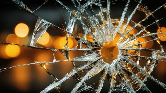 Shattered glass, close-up view of a broken window with bokeh lights