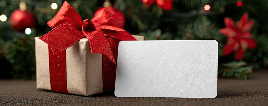 Blank white gift card mockup placed beside a Christmas present box wrapped with red ribbon bow, festive holiday background with decorated Christmas tree, ideal for seasonal greeting design.